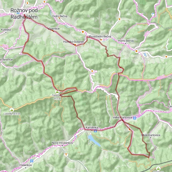 Miniaturní mapa "Okruh kolem Rožnova pod Radhoštěm a Ledové galerie" inspirace pro cyklisty v oblasti Střední Morava, Czech Republic. Vytvořeno pomocí plánovače tras Tarmacs.app