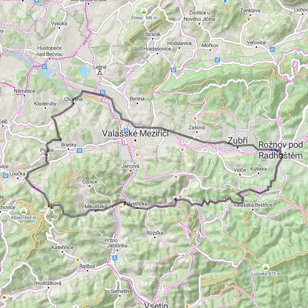 Map miniature of "Countryside Road Loop to Choryně and Hůrka" cycling inspiration in Střední Morava, Czech Republic. Generated by Tarmacs.app cycling route planner