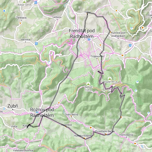 Miniaturní mapa "Cyklotrasa kolem Rožnova s výstupem na Pustevny" inspirace pro cyklisty v oblasti Střední Morava, Czech Republic. Vytvořeno pomocí plánovače tras Tarmacs.app