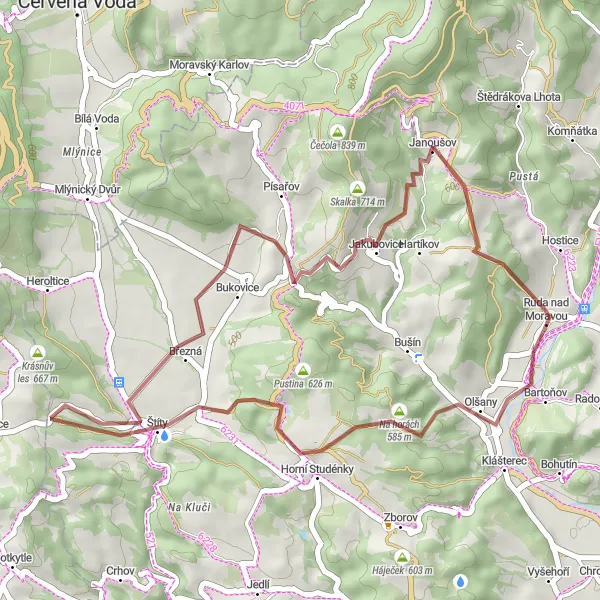 Map miniature of "Gravel Adventure" cycling inspiration in Střední Morava, Czech Republic. Generated by Tarmacs.app cycling route planner