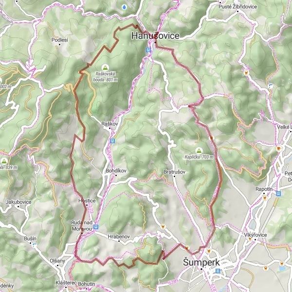Map miniature of "Through the Wilderness" cycling inspiration in Střední Morava, Czech Republic. Generated by Tarmacs.app cycling route planner