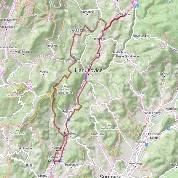 Map miniature of "Mysterious Moravských Vrchů" cycling inspiration in Střední Morava, Czech Republic. Generated by Tarmacs.app cycling route planner