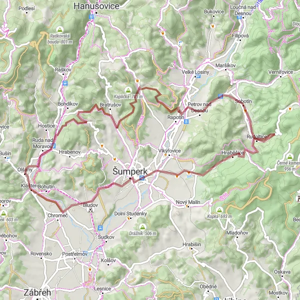 Miniaturní mapa "Gravelová stezka Ruda nad Moravou - Klášterec" inspirace pro cyklisty v oblasti Střední Morava, Czech Republic. Vytvořeno pomocí plánovače tras Tarmacs.app