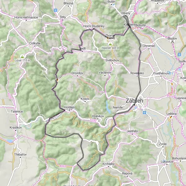 Map miniature of "Moravian Monasteries Tour" cycling inspiration in Střední Morava, Czech Republic. Generated by Tarmacs.app cycling route planner