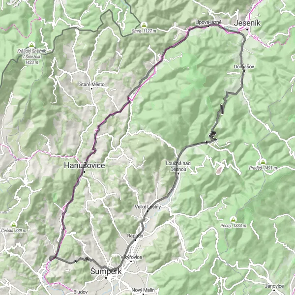 Map miniature of "Mountain Passes Expedition" cycling inspiration in Střední Morava, Czech Republic. Generated by Tarmacs.app cycling route planner