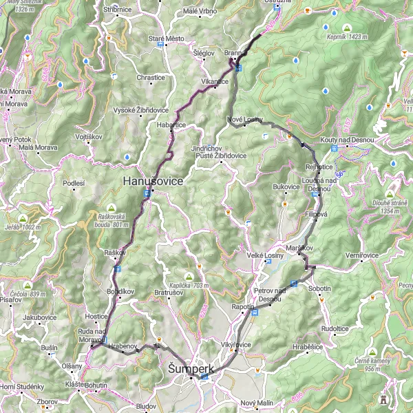 Mapa miniatúra "Cesta do Petrova nad Desnou" cyklistická inšpirácia v Střední Morava, Czech Republic. Vygenerované cyklistickým plánovačom trás Tarmacs.app