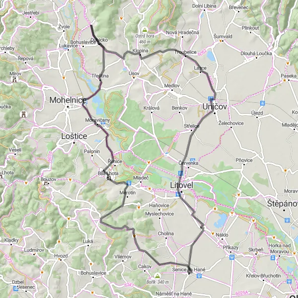 Miniaturní mapa "Okolí Senice na Hané" inspirace pro cyklisty v oblasti Střední Morava, Czech Republic. Vytvořeno pomocí plánovače tras Tarmacs.app