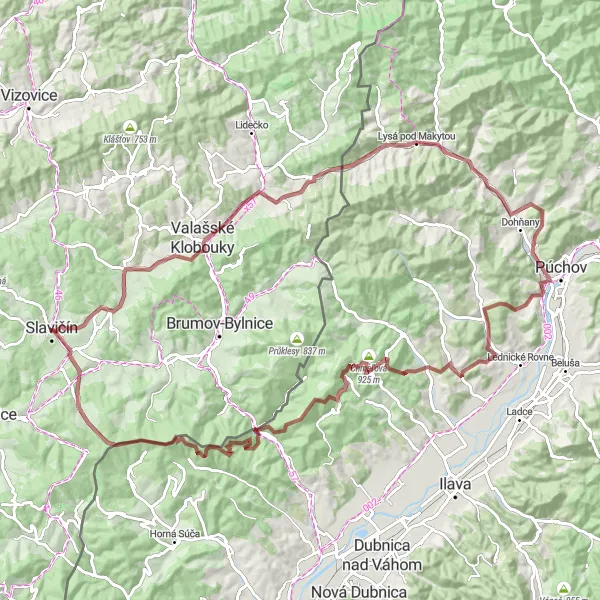 Miniaturní mapa "Gravelová cyklotrasa okolo Slavičína" inspirace pro cyklisty v oblasti Střední Morava, Czech Republic. Vytvořeno pomocí plánovače tras Tarmacs.app