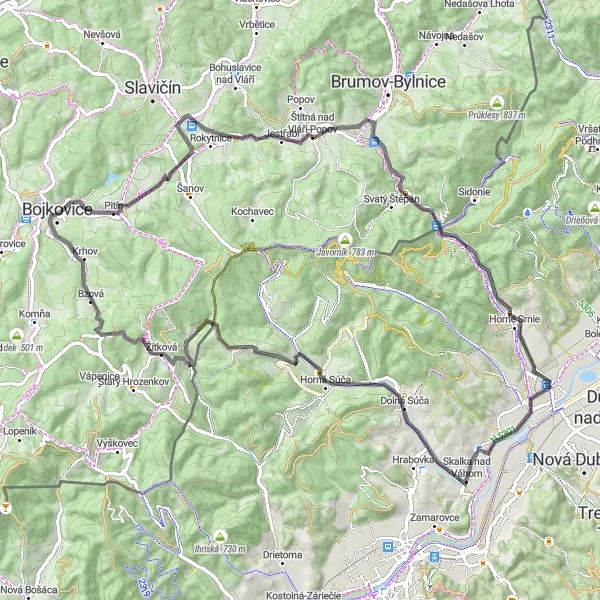 Map miniature of "The Vlárské dráhy Challenge" cycling inspiration in Střední Morava, Czech Republic. Generated by Tarmacs.app cycling route planner