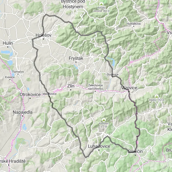 Mapa miniatúra "Uličková odbočka cez vinice" cyklistická inšpirácia v Střední Morava, Czech Republic. Vygenerované cyklistickým plánovačom trás Tarmacs.app