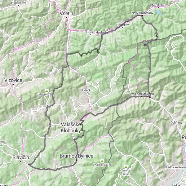 Map miniature of "Slavičín - Divnice - Trojková - Hůrka - Valašská Polanka - Tanečnice - Huslenky - Nový Hrozenkov - Kohútka - Lazy pod Makytou - Kopanica - Černov - Poteč - Bylnice - Rokytnice Loop" cycling inspiration in Střední Morava, Czech Republic. Generated by Tarmacs.app cycling route planner