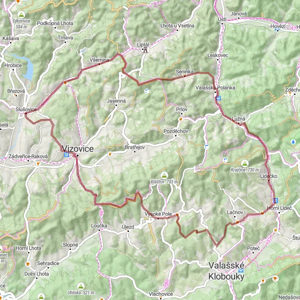 Miniaturní mapa "Všemina - Raková" inspirace pro cyklisty v oblasti Střední Morava, Czech Republic. Vytvořeno pomocí plánovače tras Tarmacs.app