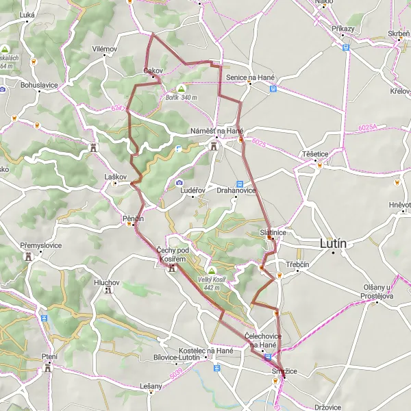 Map miniature of "The Kosířem Gravel Adventure" cycling inspiration in Střední Morava, Czech Republic. Generated by Tarmacs.app cycling route planner