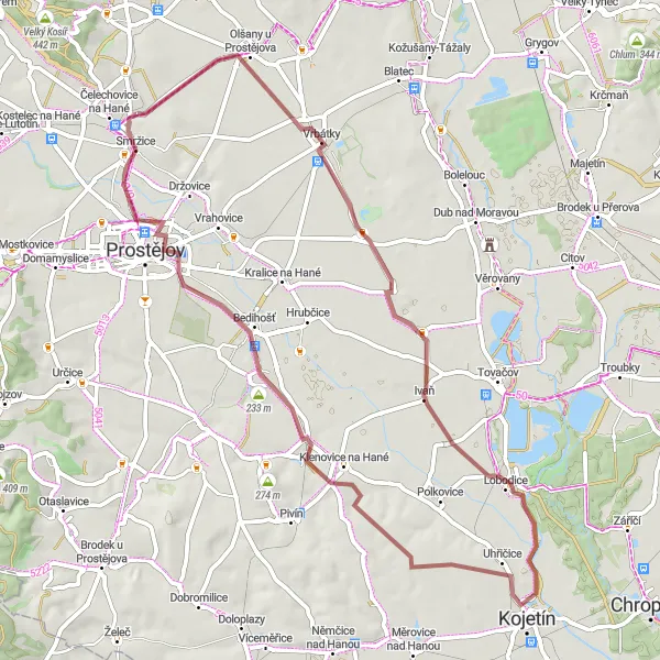 Miniaturní mapa "Gravelový okruh Skřivan" inspirace pro cyklisty v oblasti Střední Morava, Czech Republic. Vytvořeno pomocí plánovače tras Tarmacs.app