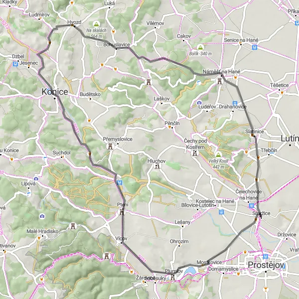 Miniaturní mapa "Trasa Stichovice - Malý Kosíř" inspirace pro cyklisty v oblasti Střední Morava, Czech Republic. Vytvořeno pomocí plánovače tras Tarmacs.app