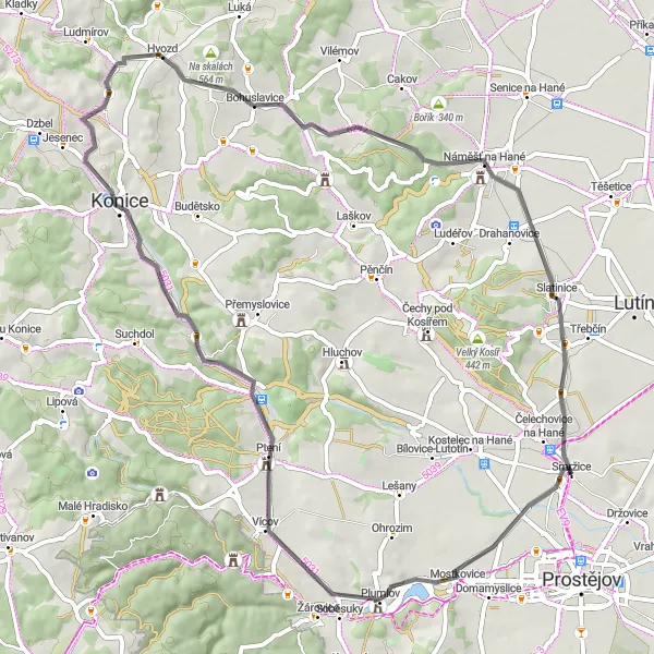 Map miniature of "Střední Morava Road Cycling Route" cycling inspiration in Střední Morava, Czech Republic. Generated by Tarmacs.app cycling route planner