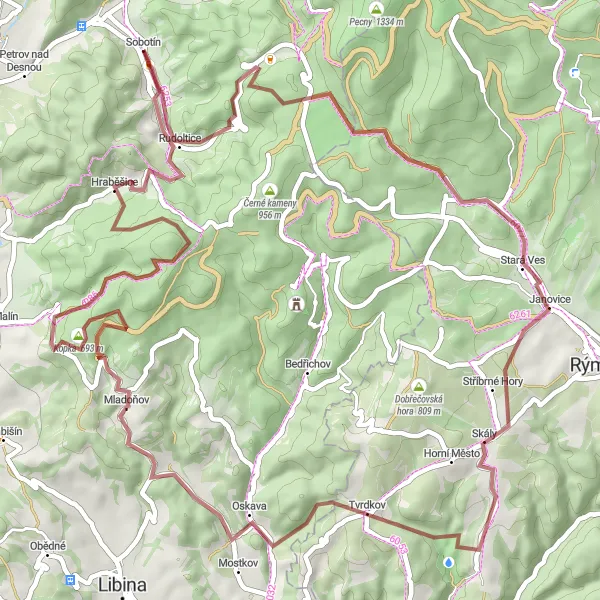 Mapa miniatúra "Exkurzia po necestných cestách" cyklistická inšpirácia v Střední Morava, Czech Republic. Vygenerované cyklistickým plánovačom trás Tarmacs.app