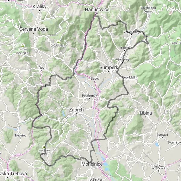 Mapa miniatúra "Trasa k Rejchartickému sedlu a zpět" cyklistická inšpirácia v Střední Morava, Czech Republic. Vygenerované cyklistickým plánovačom trás Tarmacs.app