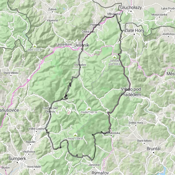 Miniaturní mapa "Rejhotice - Skalna Góra - Sobotín" inspirace pro cyklisty v oblasti Střední Morava, Czech Republic. Vytvořeno pomocí plánovače tras Tarmacs.app