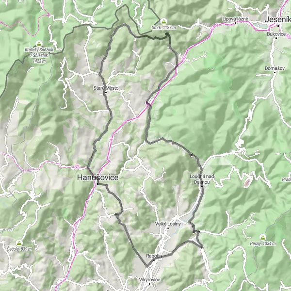 Karten-Miniaturansicht der Radinspiration "Abenteuerlicher Ritt durch die Natur rund um Sobotín" in Střední Morava, Czech Republic. Erstellt vom Tarmacs.app-Routenplaner für Radtouren