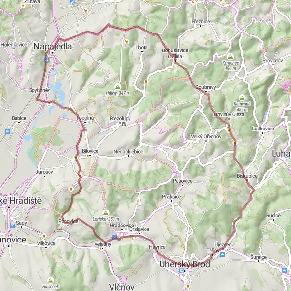 Mapa miniatúra "Náročný gravelový okruh kolem Zlína" cyklistická inšpirácia v Střední Morava, Czech Republic. Vygenerované cyklistickým plánovačom trás Tarmacs.app