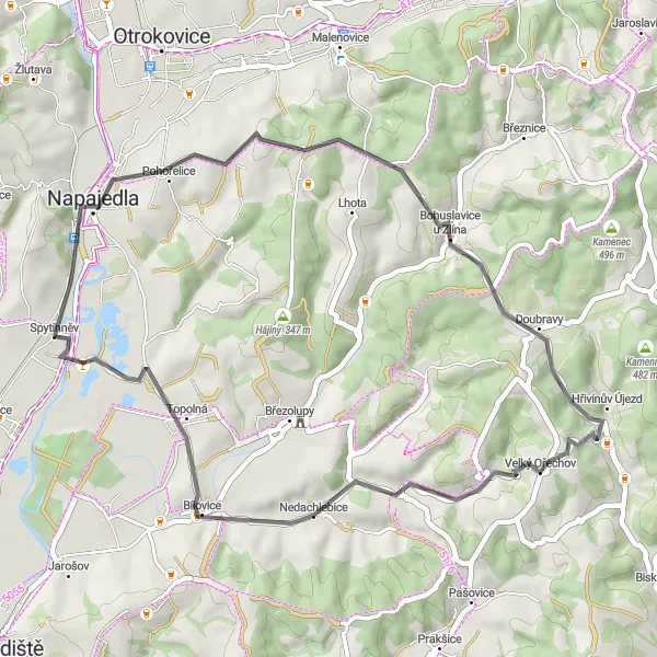 Miniaturní mapa "Cyklotrasa Oldřichovice - Topolná" inspirace pro cyklisty v oblasti Střední Morava, Czech Republic. Vytvořeno pomocí plánovače tras Tarmacs.app