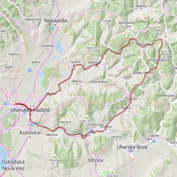 Mapa miniatúra "Gravelová trasa okolo Starého Města" cyklistická inšpirácia v Střední Morava, Czech Republic. Vygenerované cyklistickým plánovačom trás Tarmacs.app