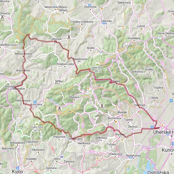 Miniatura mapy "Trasy rowerowe wokół Staré Město" - trasy rowerowej w Střední Morava, Czech Republic. Wygenerowane przez planer tras rowerowych Tarmacs.app