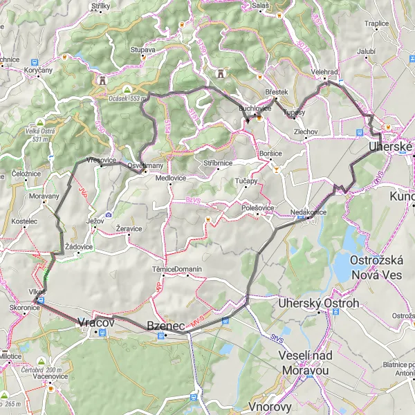 Mapa miniatúra "Okruh do kopcovité krajiny" cyklistická inšpirácia v Střední Morava, Czech Republic. Vygenerované cyklistickým plánovačom trás Tarmacs.app