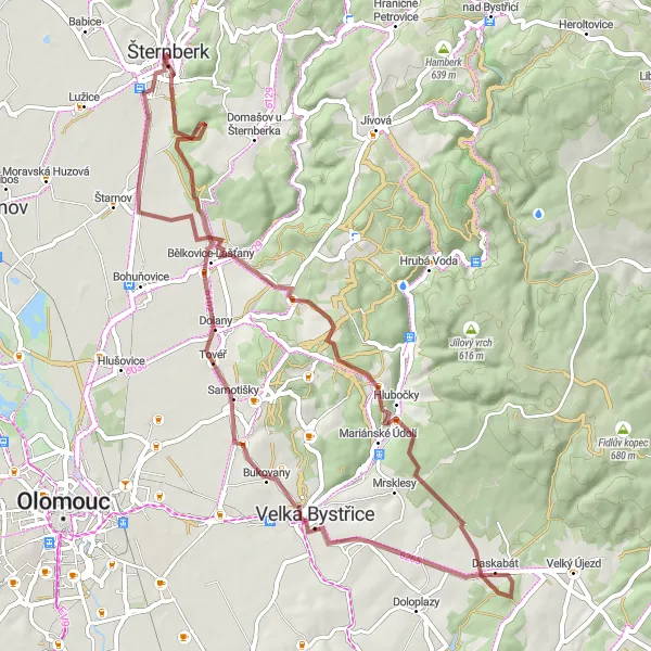 Miniaturní mapa "Gravelový výlet kolem Šternberka" inspirace pro cyklisty v oblasti Střední Morava, Czech Republic. Vytvořeno pomocí plánovače tras Tarmacs.app