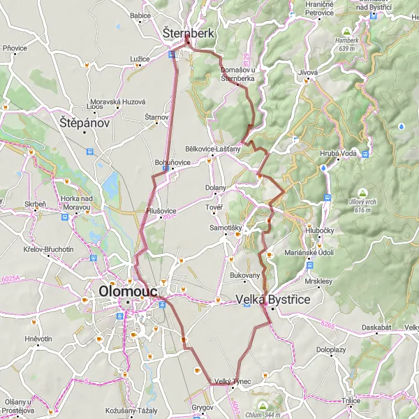 Mapa miniatúra "Gravel trasa okolo Šternberka" cyklistická inšpirácia v Střední Morava, Czech Republic. Vygenerované cyklistickým plánovačom trás Tarmacs.app