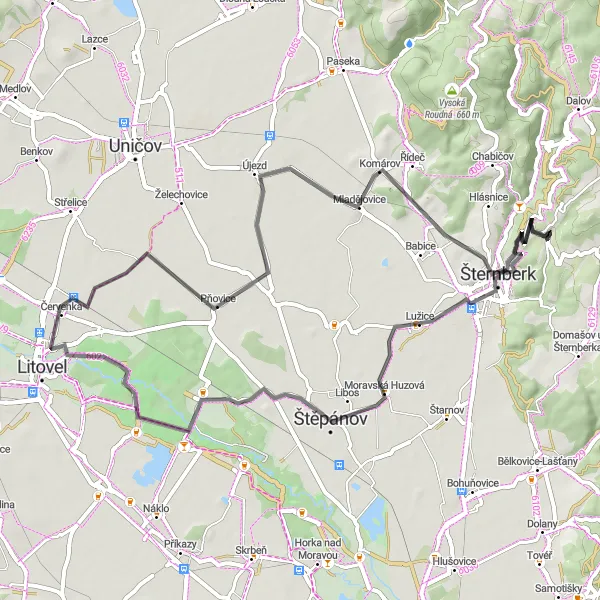 Miniaturní mapa "Road adventure to Krakořice and back" inspirace pro cyklisty v oblasti Střední Morava, Czech Republic. Vytvořeno pomocí plánovače tras Tarmacs.app