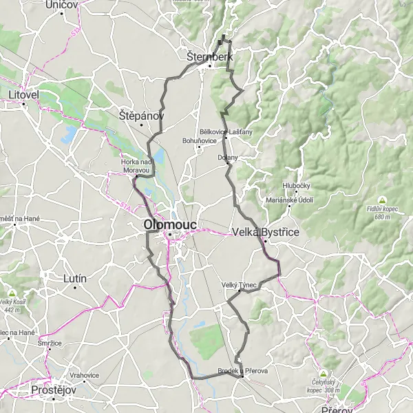 Map miniature of "Scenic Road Cycling Route from Šternberk" cycling inspiration in Střední Morava, Czech Republic. Generated by Tarmacs.app cycling route planner