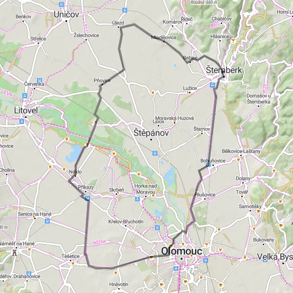 Miniaturní mapa "Cyklistický okruh: Šternberk - Bohuňovice - Ústín - Lhota nad Moravou - Pňovice - Újezd - Babice" inspirace pro cyklisty v oblasti Střední Morava, Czech Republic. Vytvořeno pomocí plánovače tras Tarmacs.app