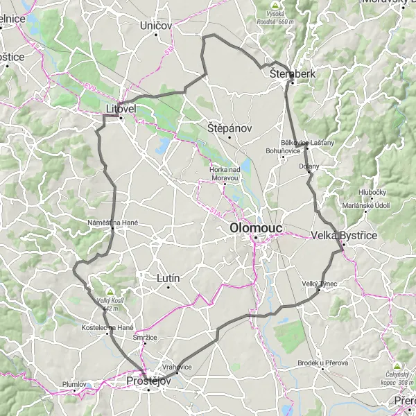 Map miniature of "The Vrbátky Tour" cycling inspiration in Střední Morava, Czech Republic. Generated by Tarmacs.app cycling route planner