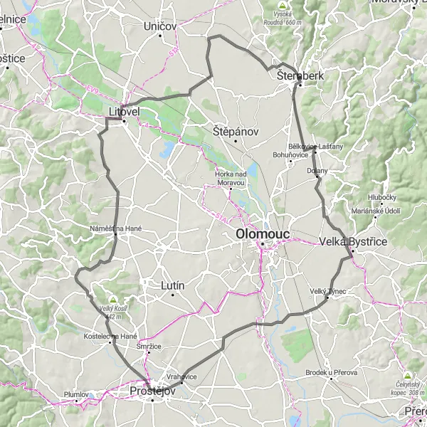 Miniaturní mapa "Okruh kolo: Šternberk - Tovéř - Vrbátky - Služín - Cholina - Pňovice - Babice" inspirace pro cyklisty v oblasti Střední Morava, Czech Republic. Vytvořeno pomocí plánovače tras Tarmacs.app