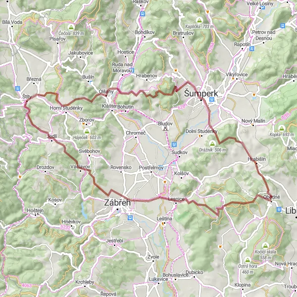 Map miniature of "Monster Gravel Ride: A Challenging Adventure" cycling inspiration in Střední Morava, Czech Republic. Generated by Tarmacs.app cycling route planner