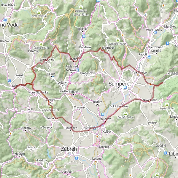 Map miniature of "The Gravel Adventure to Dolní Studénky" cycling inspiration in Střední Morava, Czech Republic. Generated by Tarmacs.app cycling route planner
