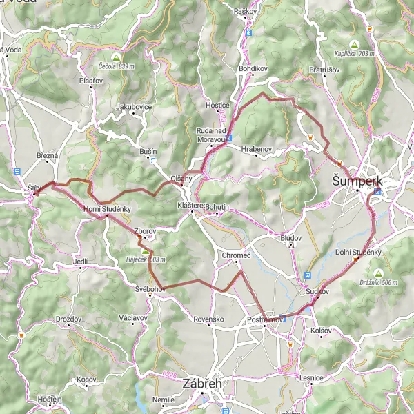 Map miniature of "Scenic Gravel Journey around Štíty" cycling inspiration in Střední Morava, Czech Republic. Generated by Tarmacs.app cycling route planner