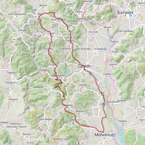 Mapa miniatúra "Gravelová cyklocesta cez Rájec" cyklistická inšpirácia v Střední Morava, Czech Republic. Vygenerované cyklistickým plánovačom trás Tarmacs.app
