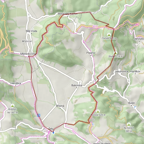 Miniaturní mapa "Zelené výletní místo plné přírodní krásy" inspirace pro cyklisty v oblasti Střední Morava, Czech Republic. Vytvořeno pomocí plánovače tras Tarmacs.app