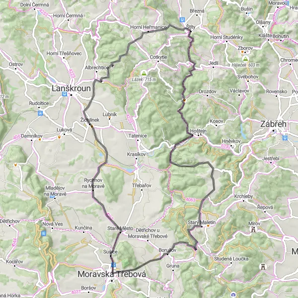 Map miniature of "The Charming Villages and Peaks" cycling inspiration in Střední Morava, Czech Republic. Generated by Tarmacs.app cycling route planner