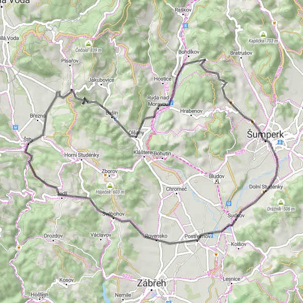 Map miniature of "The Tranquil Ride to Rovensko" cycling inspiration in Střední Morava, Czech Republic. Generated by Tarmacs.app cycling route planner