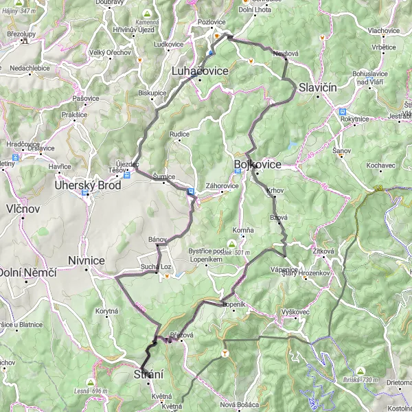 Miniatura mapy "Przejazd z Dubina do Luhačovice" - trasy rowerowej w Střední Morava, Czech Republic. Wygenerowane przez planer tras rowerowych Tarmacs.app