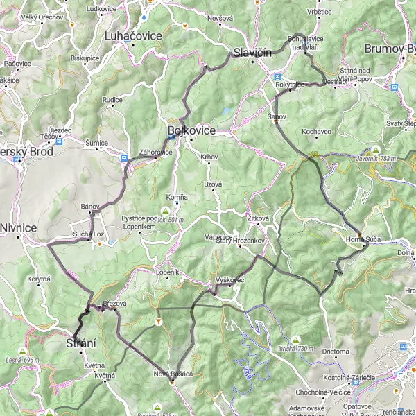 Mapa miniatúra "Okruh kolem Strání přes Doubravu a Mestský vrch" cyklistická inšpirácia v Střední Morava, Czech Republic. Vygenerované cyklistickým plánovačom trás Tarmacs.app