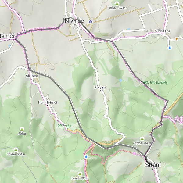 Karten-Miniaturansicht der Radinspiration "Kurze Radtour um Strání" in Střední Morava, Czech Republic. Erstellt vom Tarmacs.app-Routenplaner für Radtouren