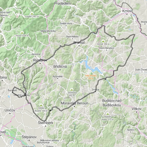 Karten-Miniaturansicht der Radinspiration "Herausforderung auf der Straße" in Střední Morava, Czech Republic. Erstellt vom Tarmacs.app-Routenplaner für Radtouren