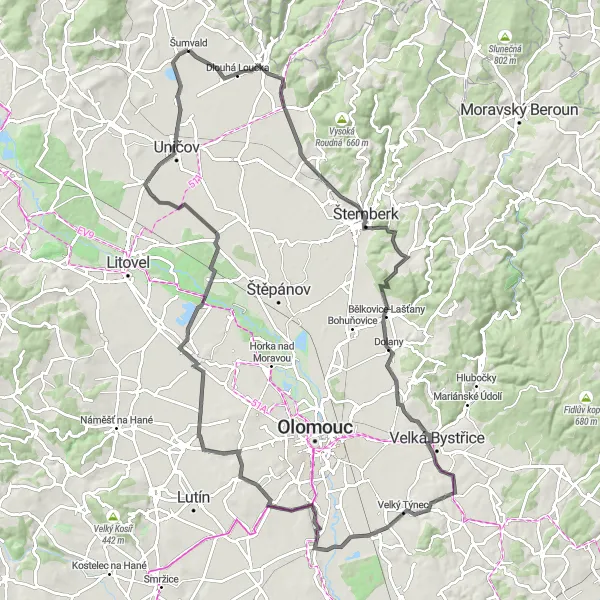 Miniaturní mapa "Kožušany-Tážaly Road Adventure" inspirace pro cyklisty v oblasti Střední Morava, Czech Republic. Vytvořeno pomocí plánovače tras Tarmacs.app