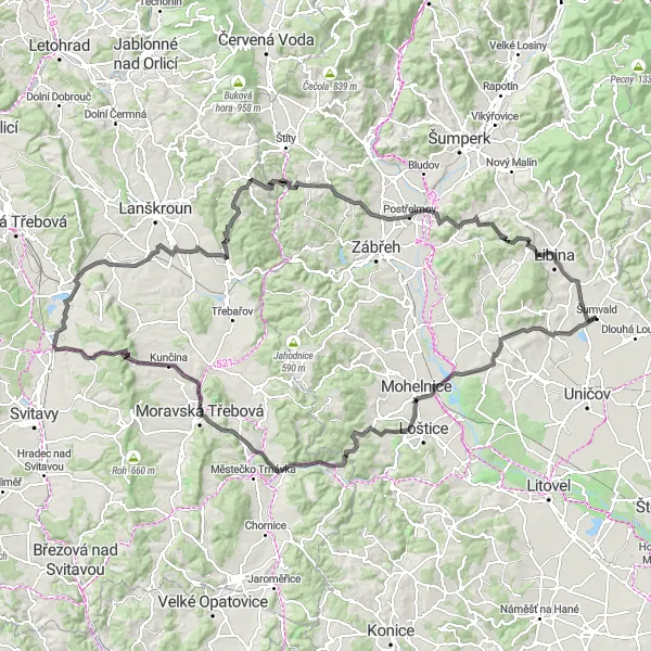 Miniaturní mapa "Challenge trasa s mnoha výstupy" inspirace pro cyklisty v oblasti Střední Morava, Czech Republic. Vytvořeno pomocí plánovače tras Tarmacs.app