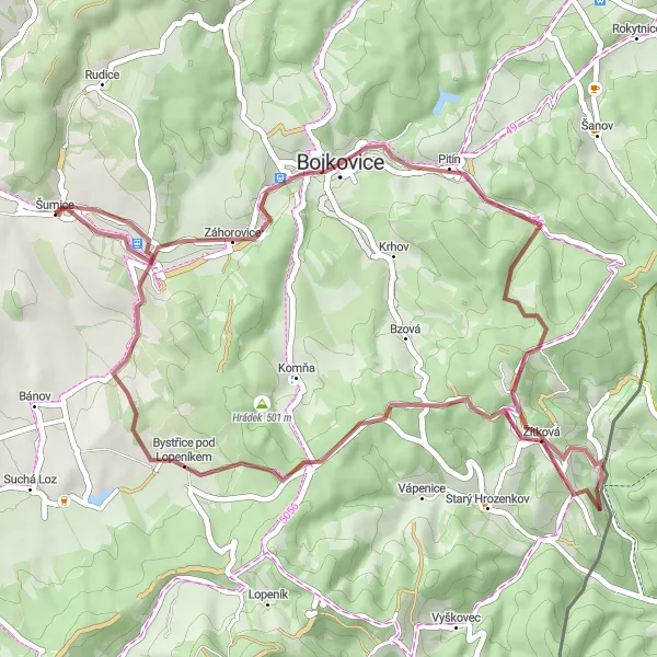 Miniaturní mapa "Gravelový okruh přes Bojkovice a Žítkovou" inspirace pro cyklisty v oblasti Střední Morava, Czech Republic. Vytvořeno pomocí plánovače tras Tarmacs.app